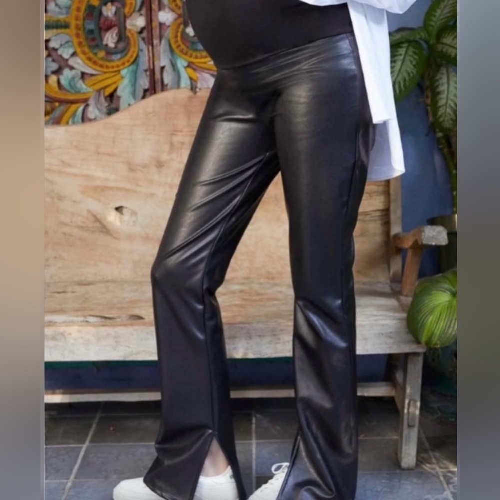 HATCH Faux Leather Black Stretch Flare Split Hem Maternity Pants, Size Small